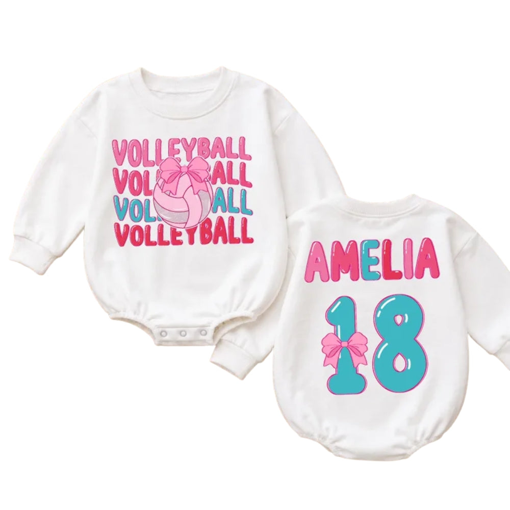 Custom Volleyball Pink Bow Baby Romper Sweatshirt With Number, Personalized Volleyball Romper Sweatshirt For Baby Girl BB0943