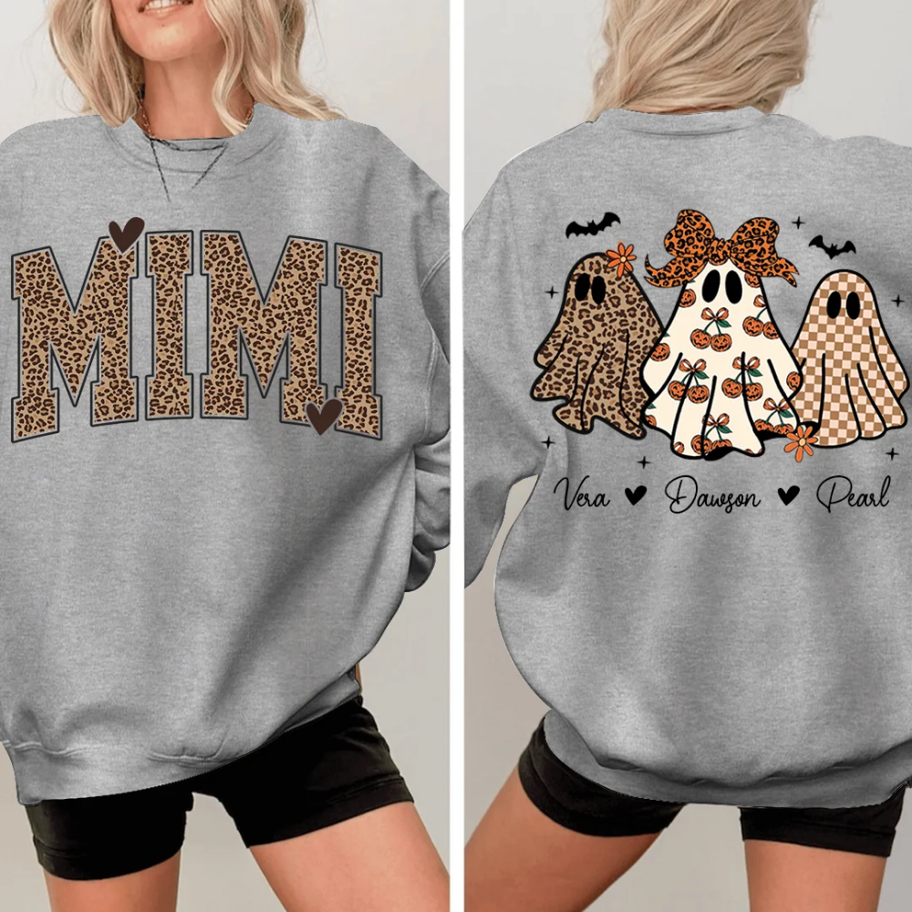 Custom Mimi Ghost Halloween Sweatshirt With Grandkids Names, Custom Halloween Sweatshirt For Grandmother 2D1018