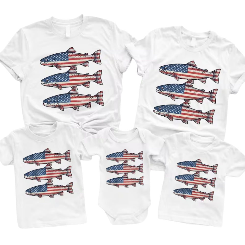 Trout Fish American Flag Family Matching T Shirt, Fishing Patriotic Family Shirts ET1087