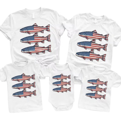 Trout Fish American Flag Family Matching T Shirt, Fishing Patriotic Family Shirts ET1087