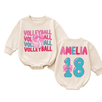 Custom Volleyball Pink Bow Baby Romper Sweatshirt With Number, Personalized Volleyball Romper Sweatshirt For Baby Girl BB0943