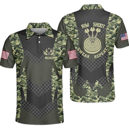 Aim Shoot Swear Repeat Custom Camouflage Darts Men's Polo Shirt, Custom Funny Camo Darts Team Shirts DZ0022