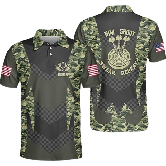 Aim Shoot Swear Repeat Custom Camouflage Darts Men's Polo Shirt, Custom Funny Camo Darts Team Shirts DZ0022
