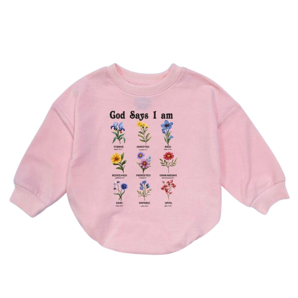 God Says I Am Floral Baby Romper Sweatshirt, Christian Baby Romper Sweater BB0478