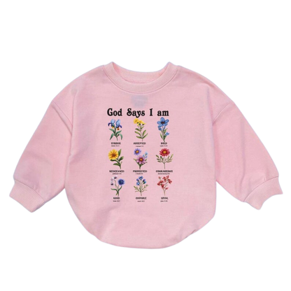 God Says I Am Floral Baby Romper Sweatshirt, Christian Baby Romper Sweater BB0478