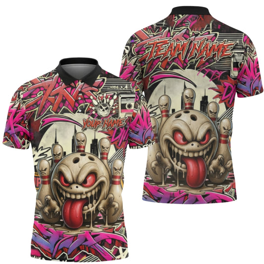 Custom Angry Pins and Ball Graffiti Bowling Polo Shirts Mens, Custom Graffiti Bowling Team Shirts BZ0355