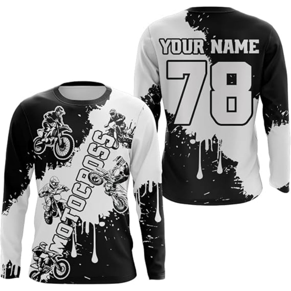Custom Motocross Black And White Long Sleeve Jersey For Men, Custom MX Racing Jersey MZ0027