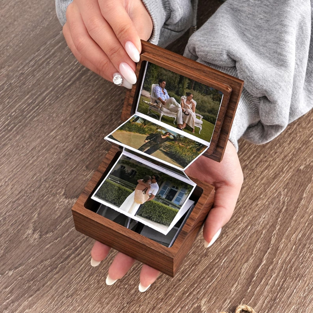 Personalized Wedding Anniversary Keepsake Wood Photo Box, Custom Memory Collection Photo Box For Wedding Anniversary Engaged WD0047