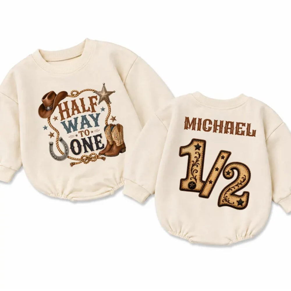 Half Way To One Custom Cowboy Baby Romper Sweatshirt, Custom Western Half Birthday Baby Romper Sweater BB0944