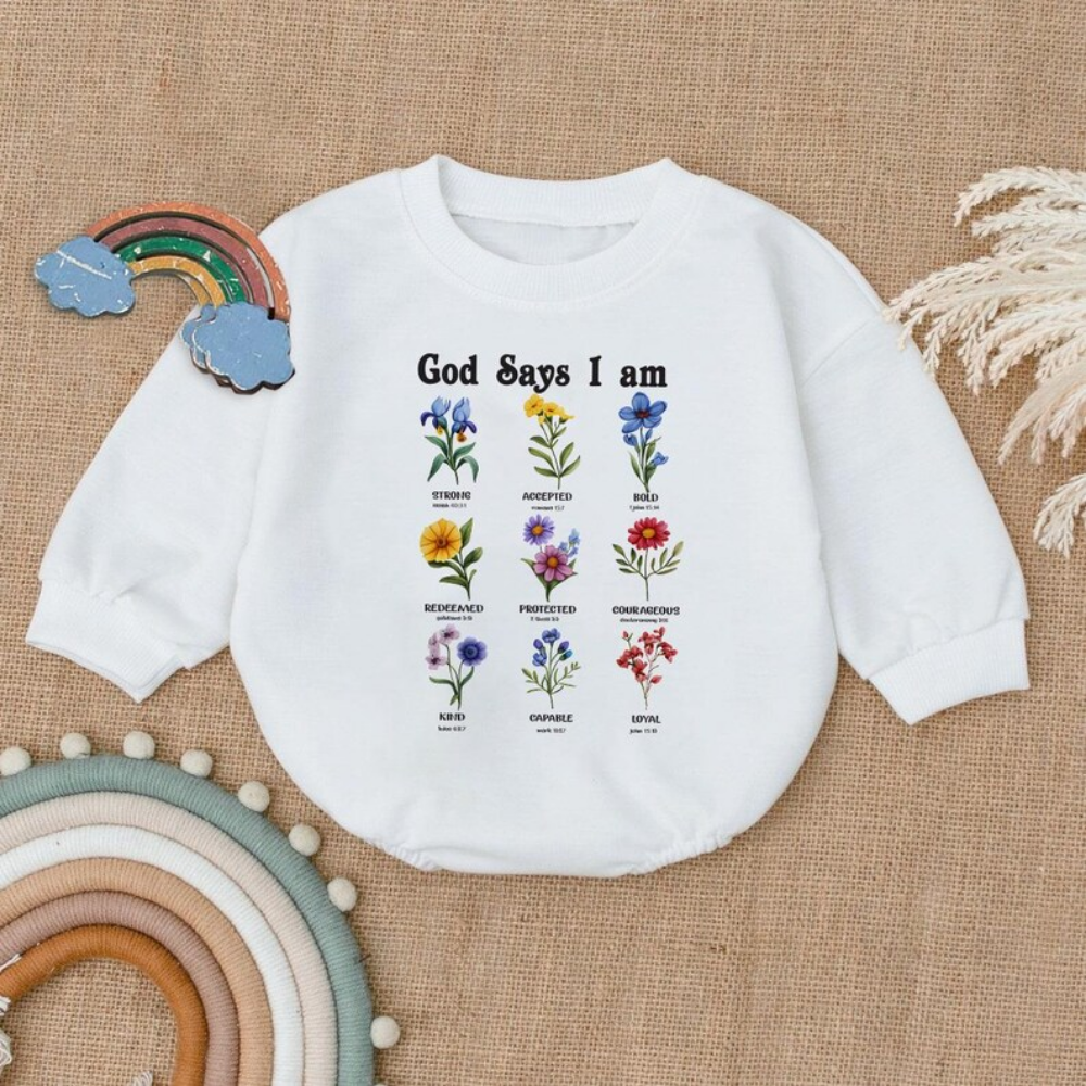 God Says I Am Floral Baby Romper Sweatshirt, Christian Baby Romper Sweater BB0478