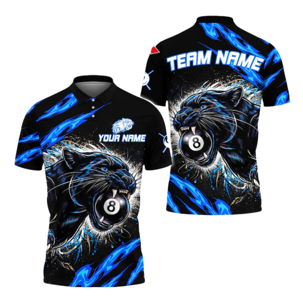 Custom Panther 8 Ball Black And Blue Billiard Men's Polo Shirt, Custom Panther Billiard Team Shirts BIZ0278
