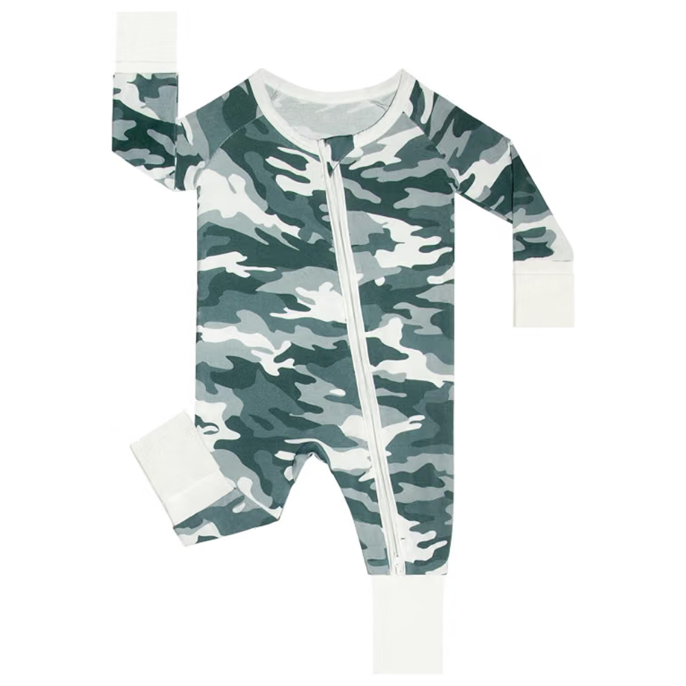 Green Camo Baby Convertible Romper Zipper, Camouflage Baby Romper Convertible BB0612