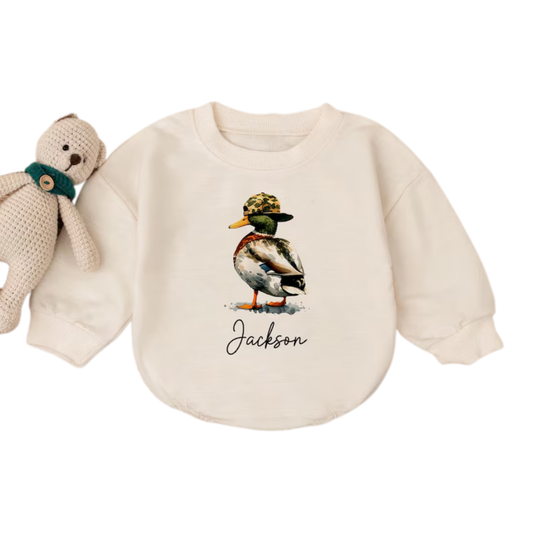 Personalized Mallard Duck Baby Romper Sweatshirt With Name, Custom Duck Baby Romper Sweater BB0479