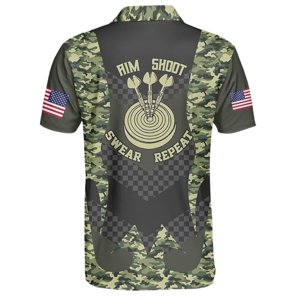 Aim Shoot Swear Repeat Custom Camouflage Darts Men's Polo Shirt, Custom Funny Camo Darts Team Shirts DZ0022