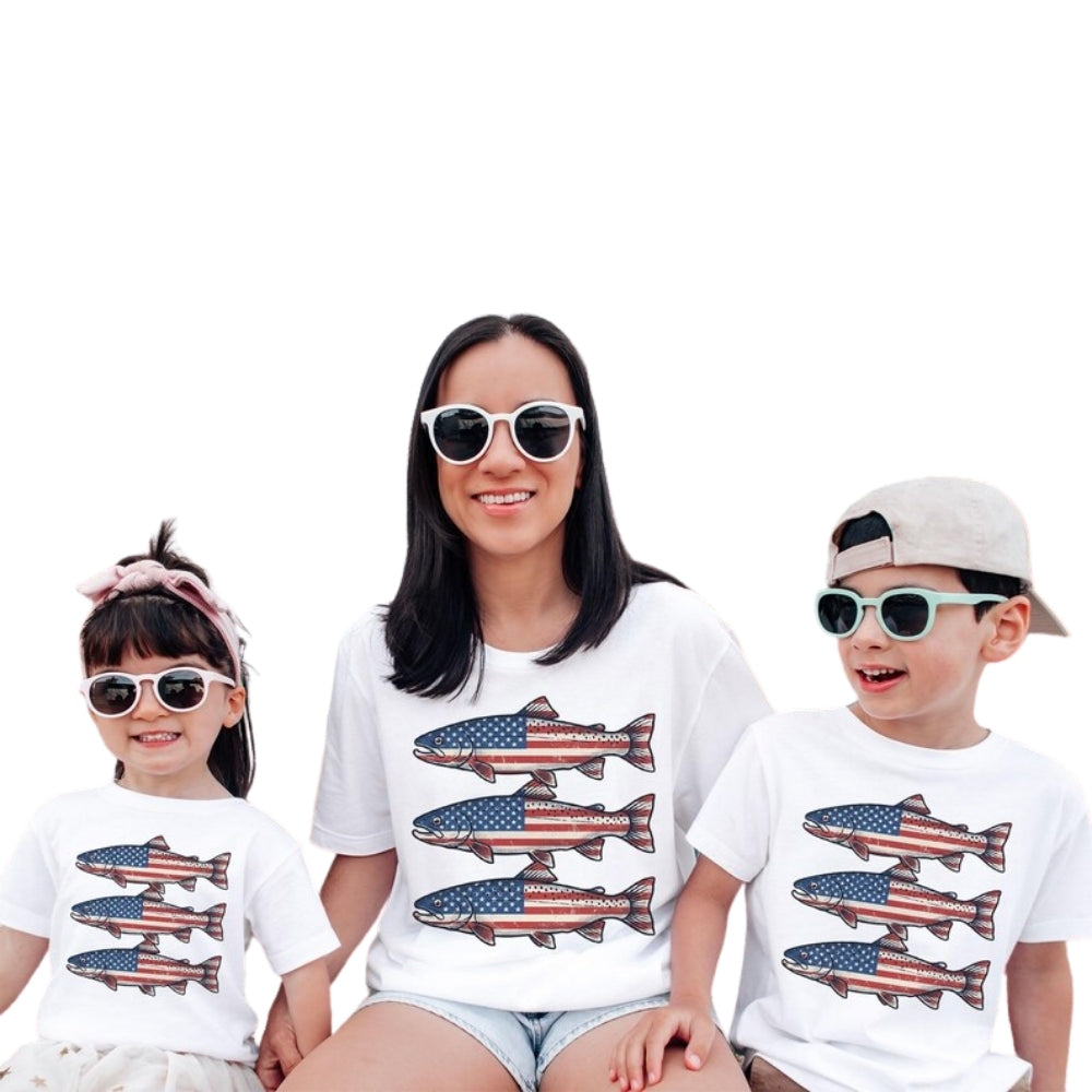 Trout Fish American Flag Family Matching T Shirt, Fishing Patriotic Family Shirts ET1087
