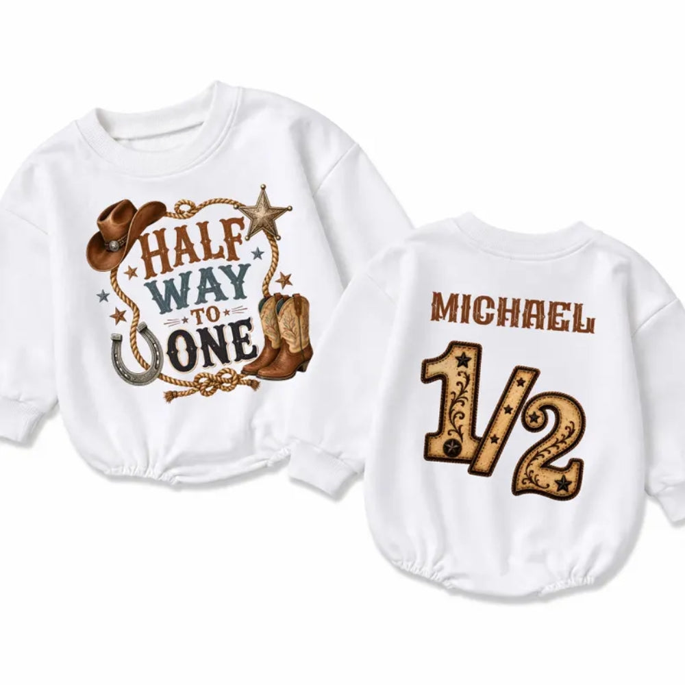 Half Way To One Custom Cowboy Baby Romper Sweatshirt, Custom Western Half Birthday Baby Romper Sweater BB0944