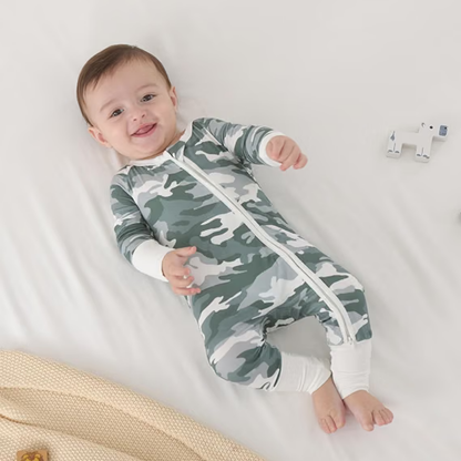 Green Camo Baby Convertible Romper Zipper, Camouflage Baby Romper Convertible BB0612