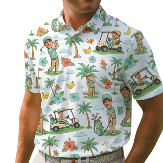 Custom Funny Face Tropical Golf Polo Shirt For Men, Custom Funny Photo Golf Shirts GE0334