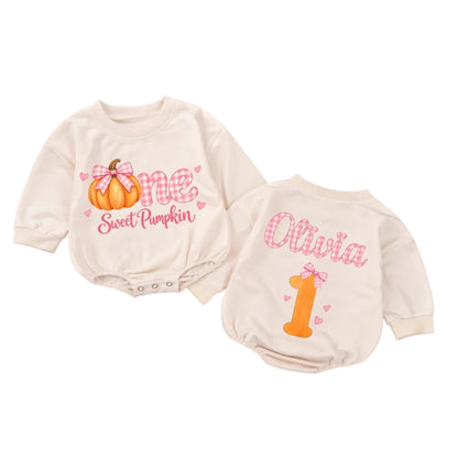 One Sweet Pumpkin Custom Name Baby Romper Sweatshirt, Custom First Birthday Thanksgiving Romper Sweater Baby BB0946