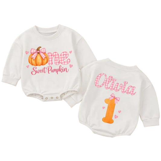 One Sweet Pumpkin Custom Name Baby Romper Sweatshirt, Custom First Birthday Thanksgiving Romper Sweater Baby BB0946