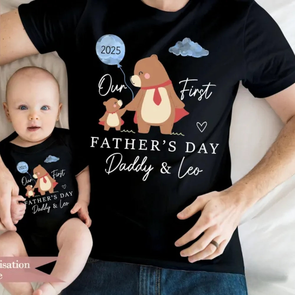 Custom Our First Father's Day Bear Matching T Shirts For Dad And Child, Custom 1st Father Day Matching Shirts For Family ET0302