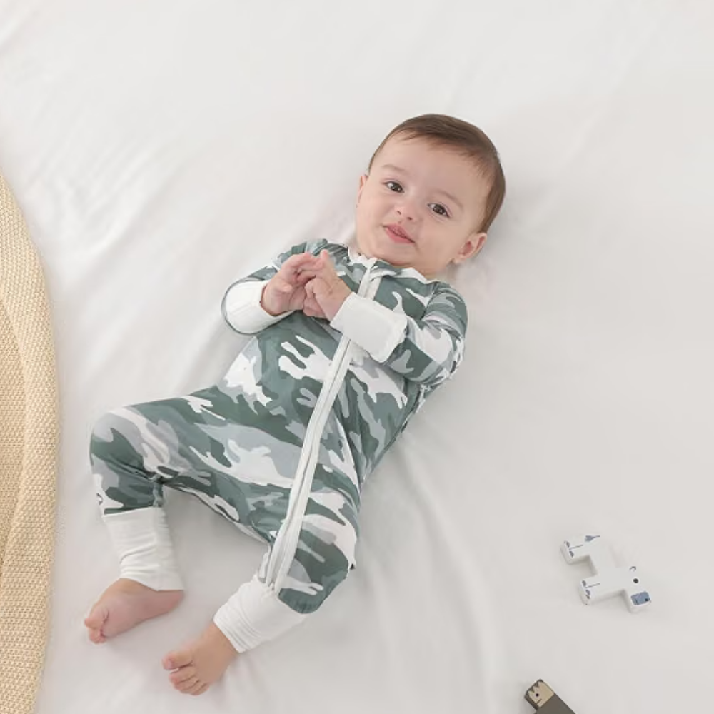Green Camo Baby Convertible Romper Zipper, Camouflage Baby Romper Convertible BB0612