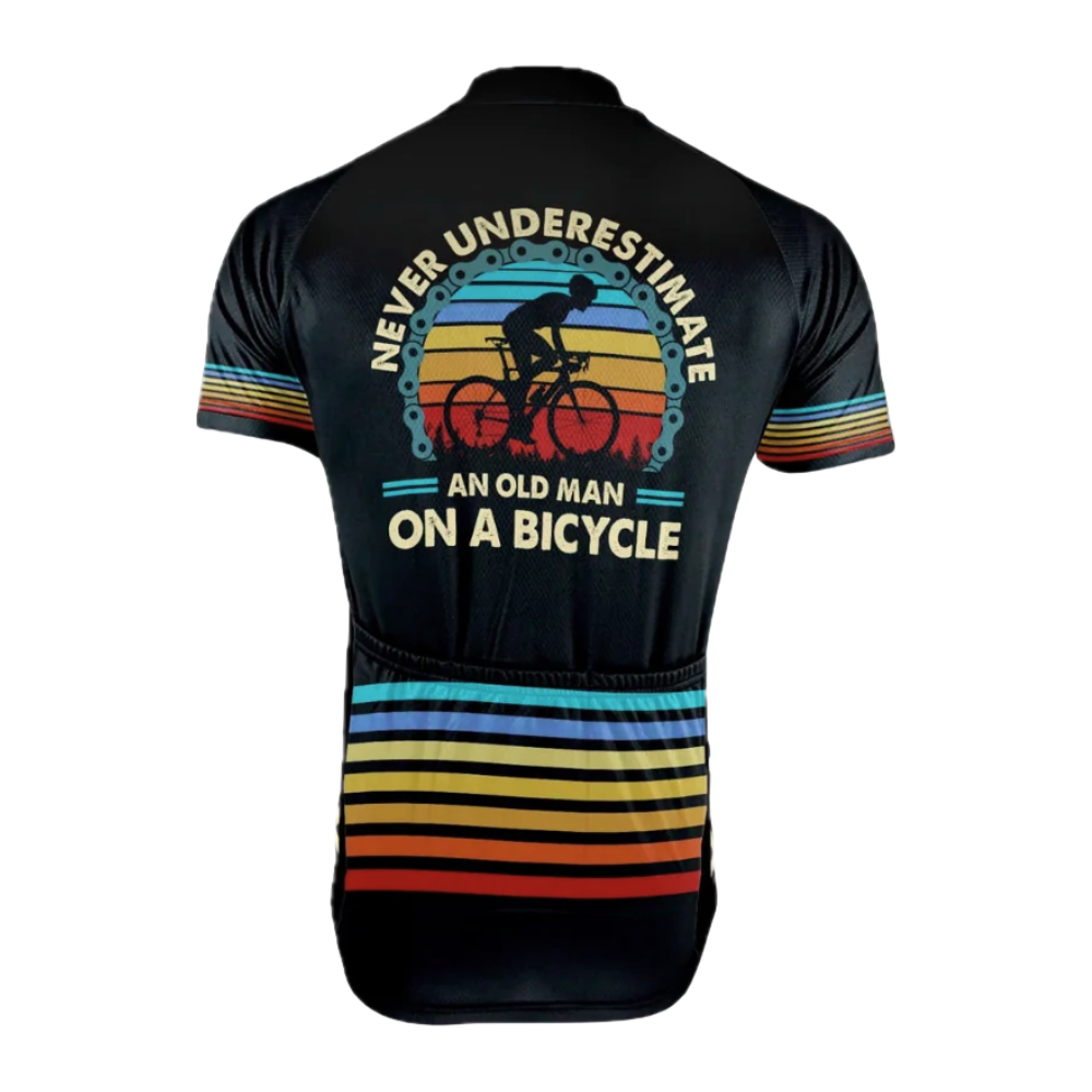 Custom Never Overestimate An Old Man On A Bicycle Cycling Short Sleeve Jersey For Men, Custom Funny Black Cycling Jersey CG0833