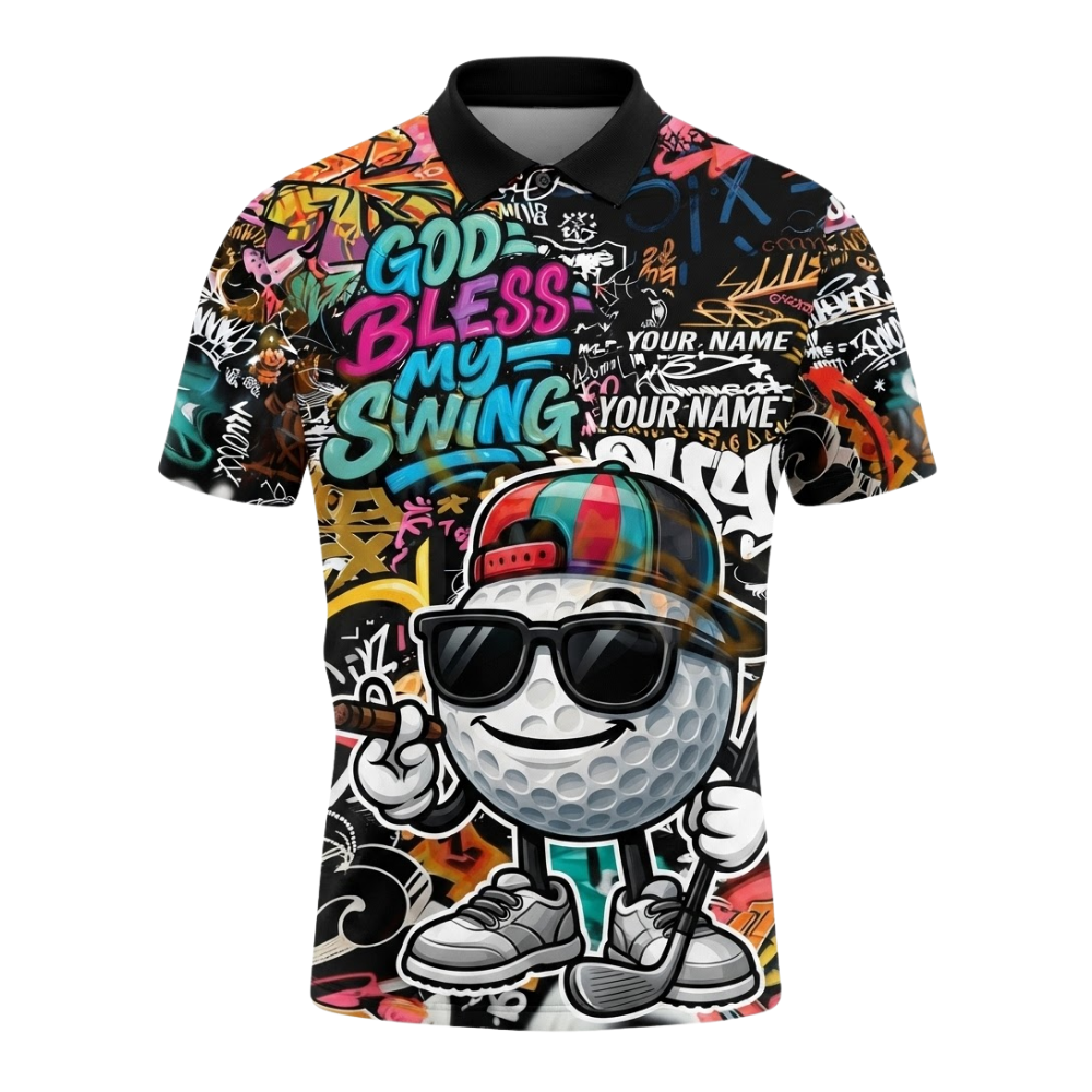 God Bless My Swing Custom Funny Golf Ball Graffiti Men's Golf Polo Shirt, Custom Graffiti Golf Team Shirts GZ0325