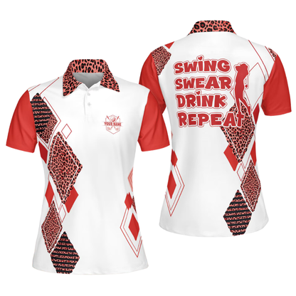Swing Swear Drink Repeat Custom Leopard Black Pink Golf Polo Shirt Ladies, Custom Funny Golf Shirt For Women GE0601
