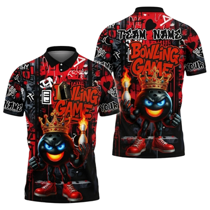 Custom Graffiti Ball Funny Bowling Mens Polo Shirt, Black And Red Custom Team Bowling Shirts BZ0503