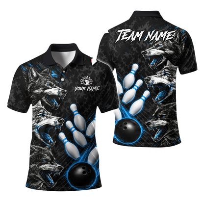 Custom Wolf Black Green Bowling Polo Shirts Mens, Custom Wolf Bowling Team Shirts BE0267