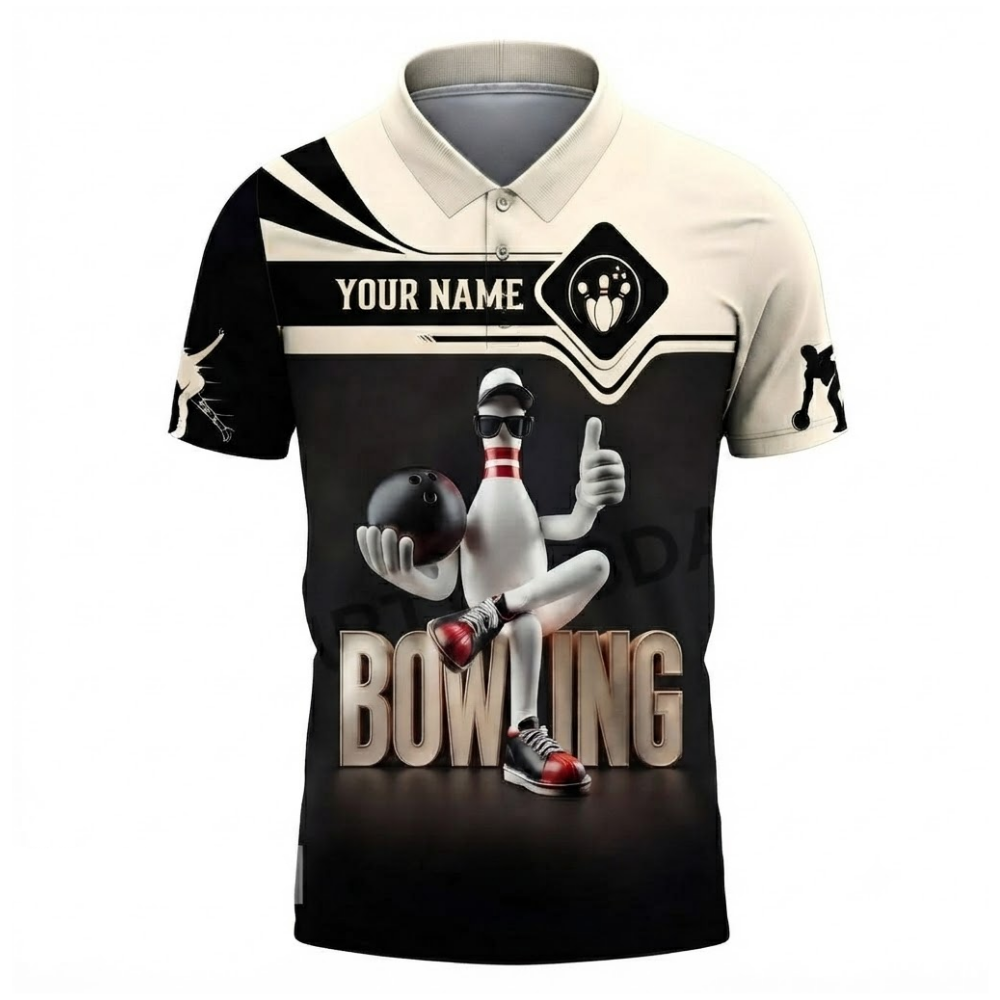 Custom Funny Pin Bowling Mens Polo Shirt, Custom Team Black Beige Bowling Shirts BZ0548