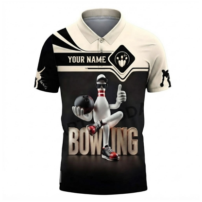 Custom Funny Pin Bowling Mens Polo Shirt, Custom Team Black Beige Bowling Shirts BZ0548