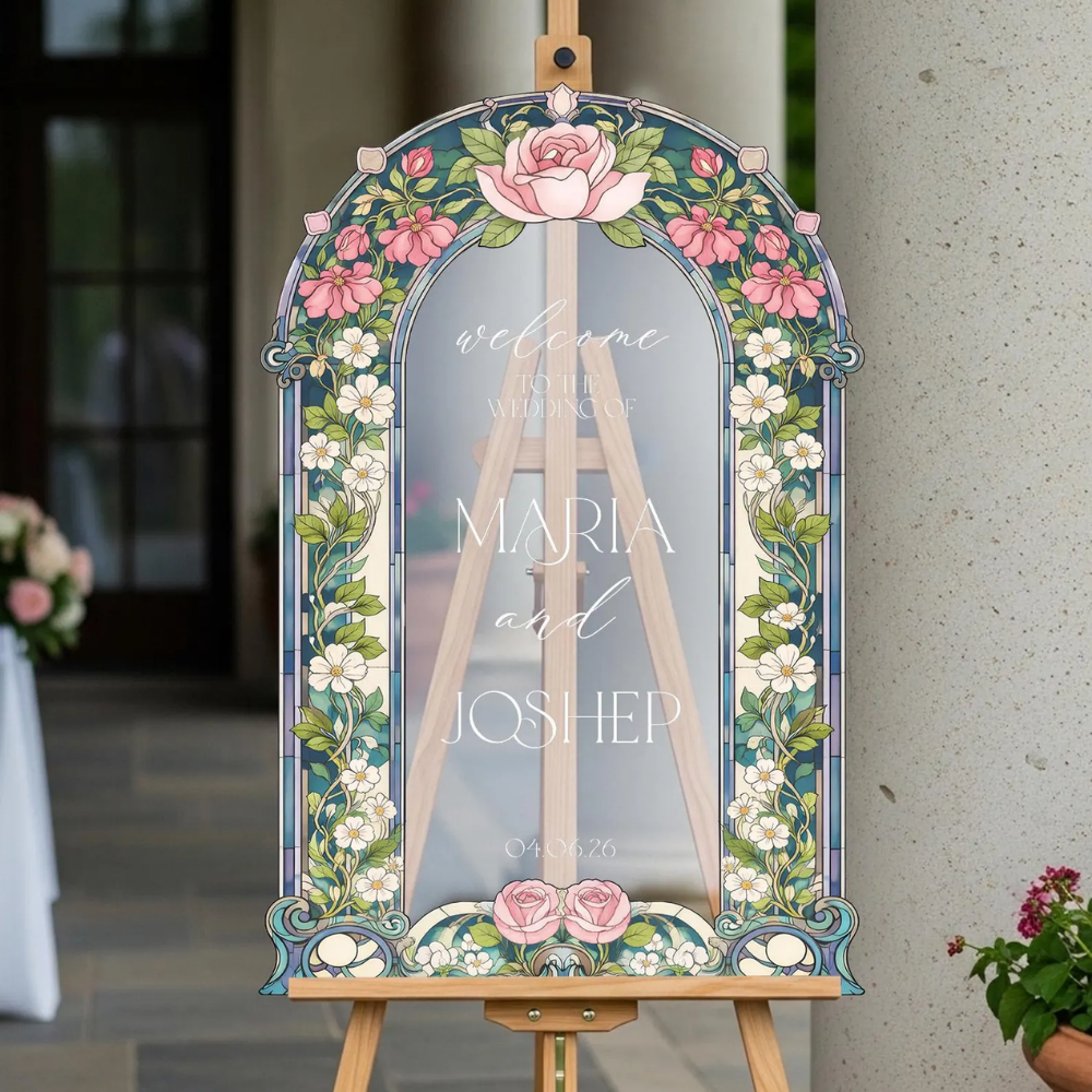 Custom Flower Stained Glass Wedding Welcome Acrylic Mirror Sign, Custom Floral Stained Glass Sign For Wedding WD0728