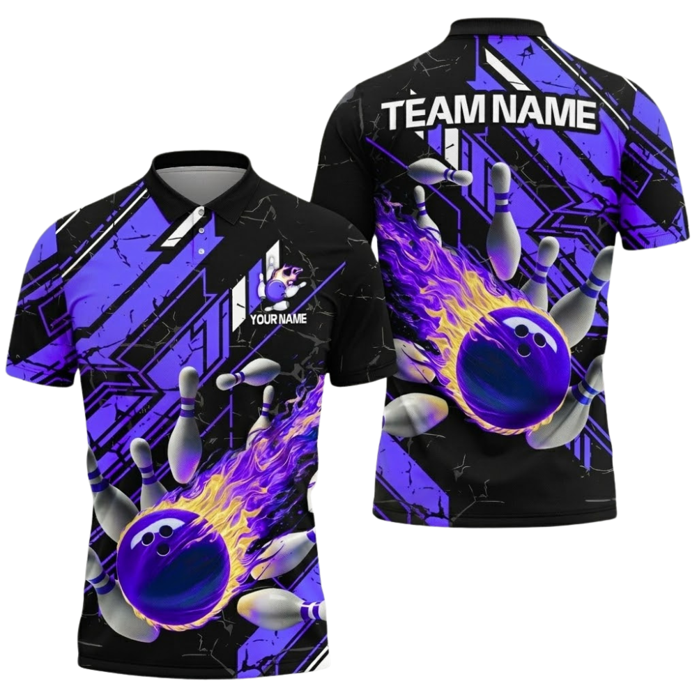 Custom Flaming Ball Bowling Polo Mens Shirt Red Black, Custom Flame Bowling Team Shirts BZ0691