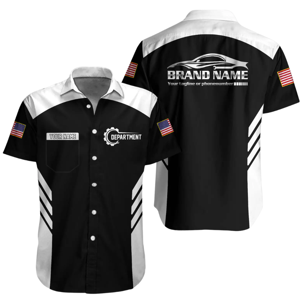 Personalized Racing Team Workwear Button Hawaiian Shirt Men, Custom Mechanic Uniform Shirts For Company HE0379