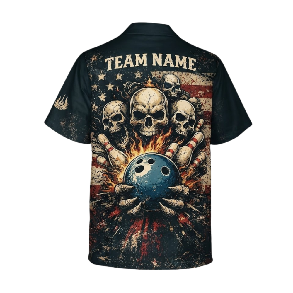 Skull USA Flag Vintage Custom Mens Hawaiian Bowling Shirt, Custom Skull Bowling Team Shirts BZ0646