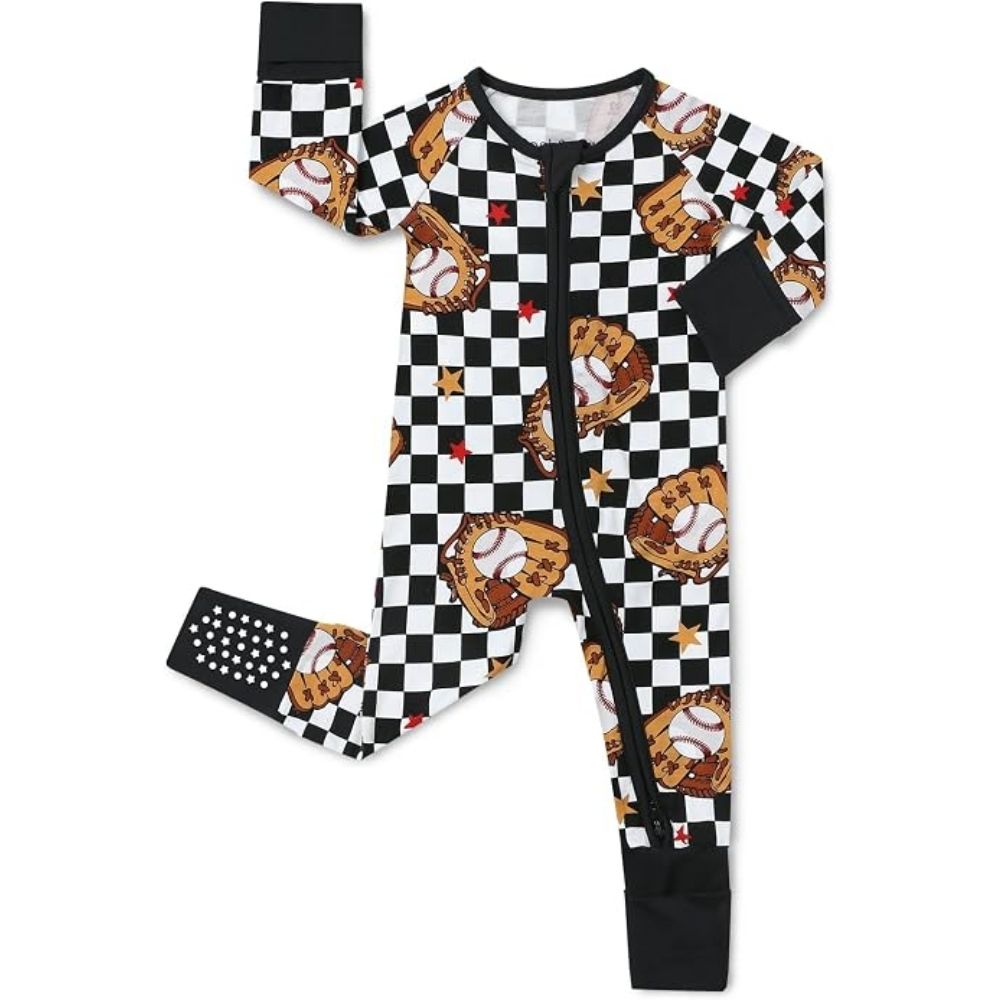 Baseballs Checkered Baby Romper Convertible Zipper, Baseball Baby Convertible Romper BB0362