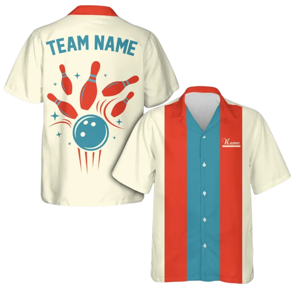 Custom Retro Blue Beige Bowling Hawaiian Shirt For Men, Custom Retro Bowling Team Shirts  BE0183