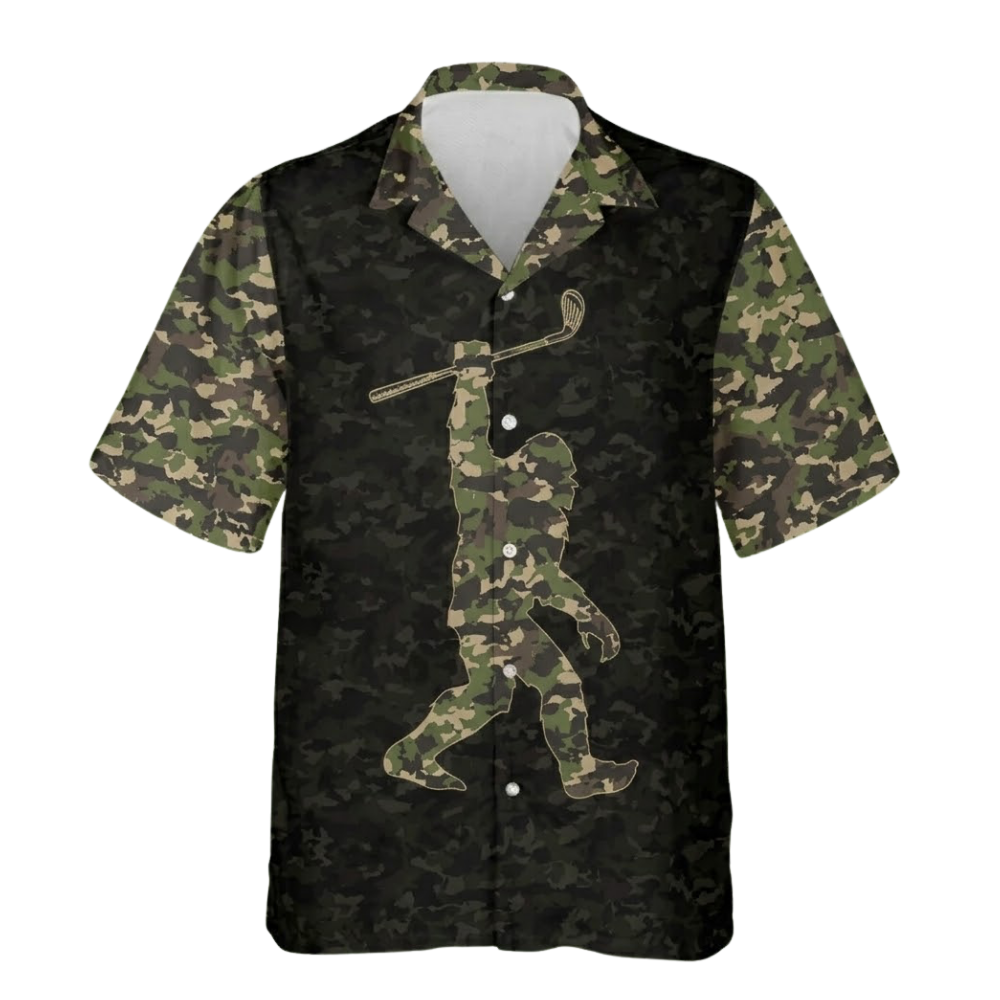 Not All Who Wander Are Lost Some Are Looking For Golf Balls Bigfoot Camo Golf Hawaiian Shirt For Men, Camo Sasquatch Golf Hawaiian Shirts HE0465