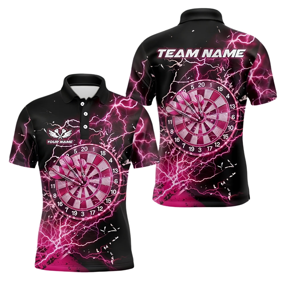 Custom Thunder Black Pink Darts Polo Shirt For Men, Custom Thunder Darts Team Shirts DZ0075