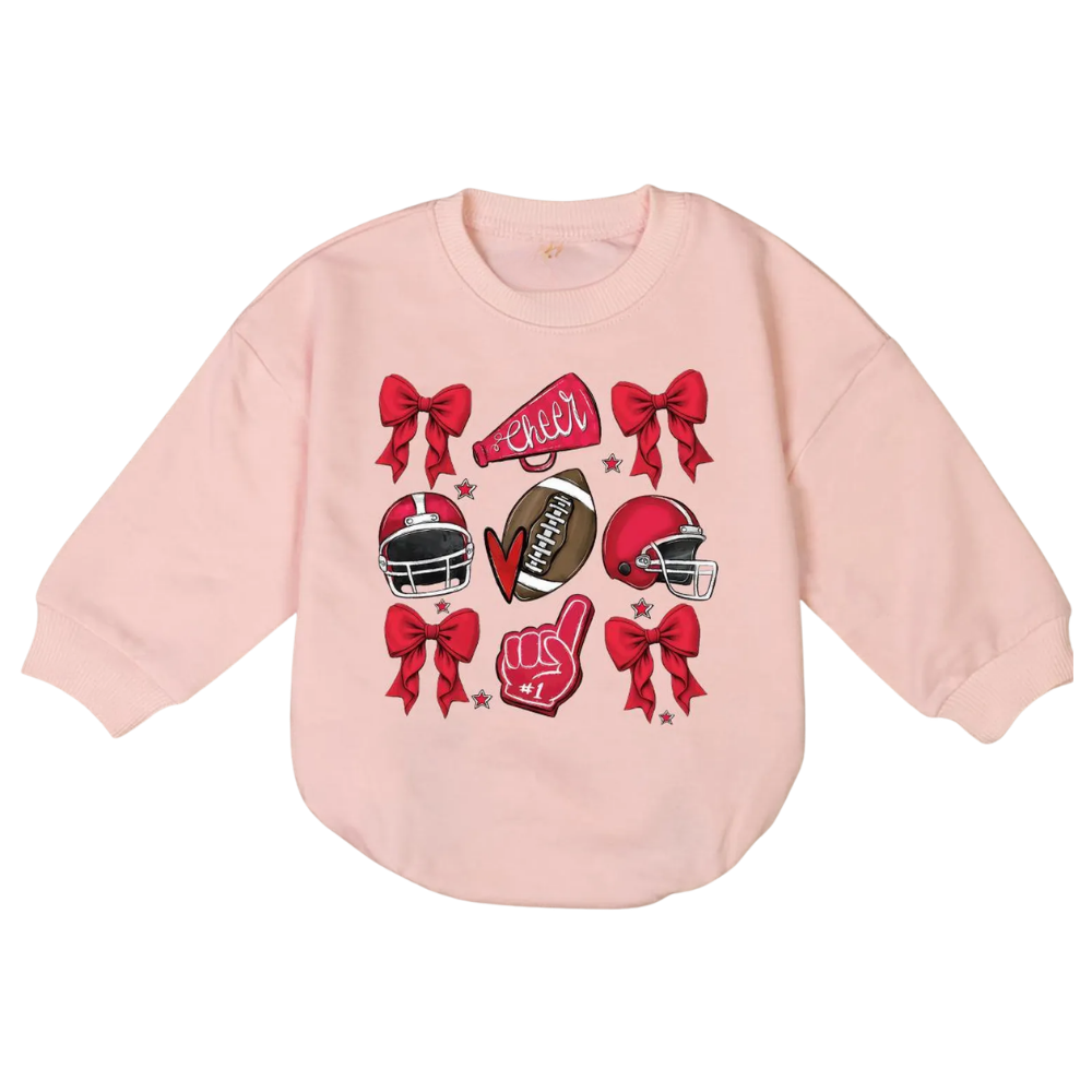 Football Cheer Coquette Bow Baby Romper Sweatshirt, Game Day Baby Romper Sweatshirt BB0025