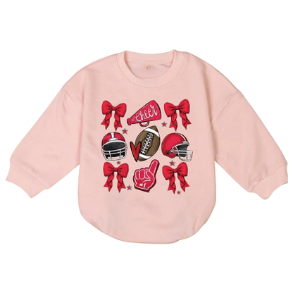 Football Cheer Coquette Bow Baby Romper Sweatshirt, Game Day Baby Romper Sweatshirt BB0025