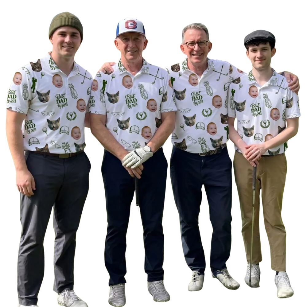 Best Dad By Par Custom Pet Kid Face Mens Golf Polo Shirts Green White, Custom Photo Golf Shirts For Dad Father Day GE0507