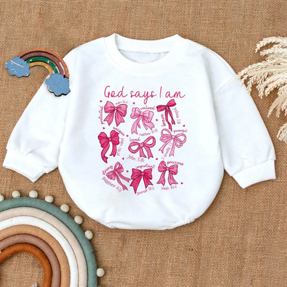 God Says I Am Baby Pink Coquette Bow Romper Sweatshirt, Bible Verse Christian Baby Romper Sweatshirt BB0108