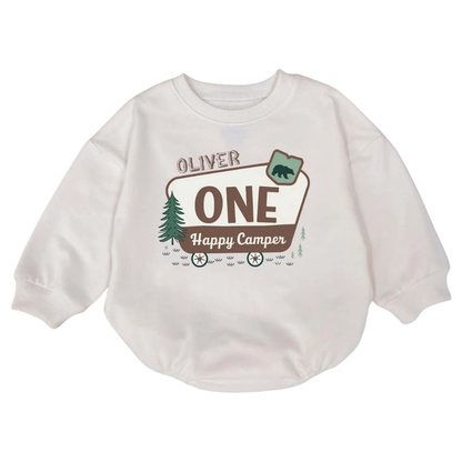 Cusom One Happy Camper Baby Romper Sweatshirt, Custom Camping First Birthday Romper Sweatshirt For Baby BB0521