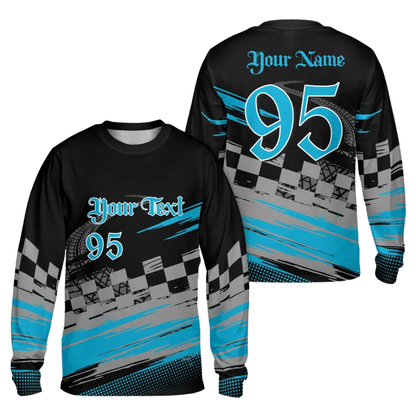 Custom Number & Name Dirt Bike Long Sleeve Men Jersey Black Cyan, Custom Dirt Bike Shirts For Riders MZ0095