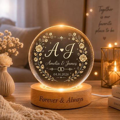 Custom Couple Initials Crystal Ball Led Night Light, Custom Anniversary Couple Night Light WD0851