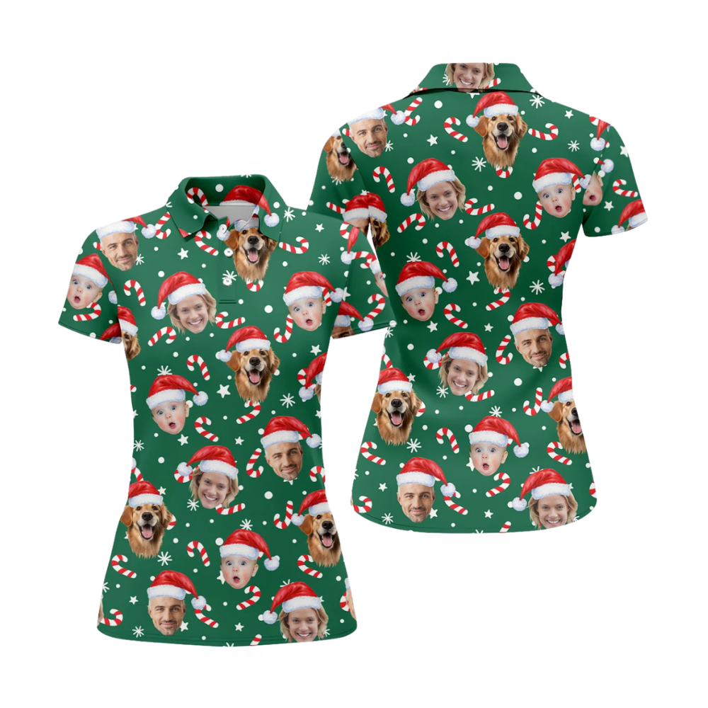 Custom Face Green Xmas Golf Polo Shirt Womens, Custom Photo Christmas Golf Shirts For Women GZ0457