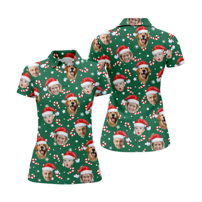 Custom Face Green Xmas Golf Polo Shirt Womens, Custom Photo Christmas Golf Shirts For Women GZ0457